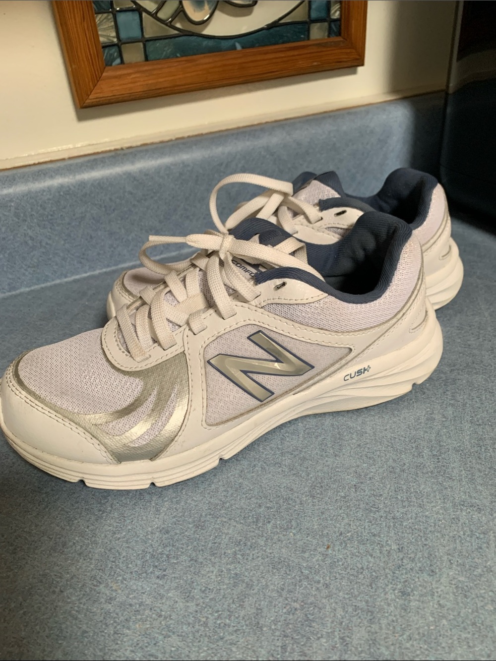New Balance Women's White and Navy Cushioned Walking Sneakers